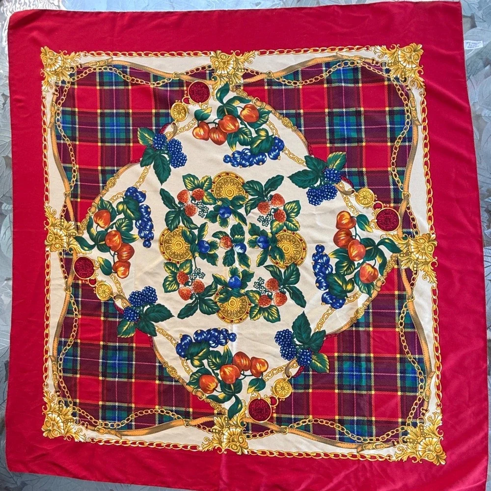 Vintage Red Plaid Fruit Chain Print Square Scarf Made in Italy RN 14750 34x34
